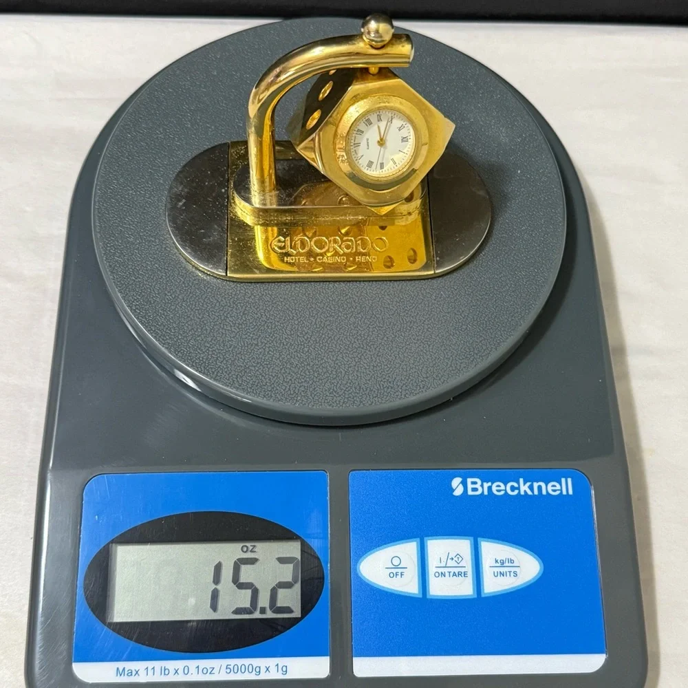 Vintage El Dorado Reno Casino Dice Desk Clock Gold Tone Working Quartz Spinner